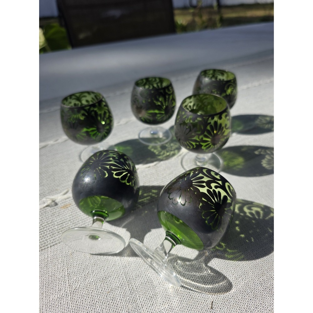 VTG Green Silver Overlay Cordial Liqueuer‎ Glasses Set of 6 Stemware 3" Floral